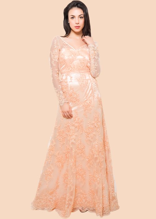 Peach Floral Embroidered Gown